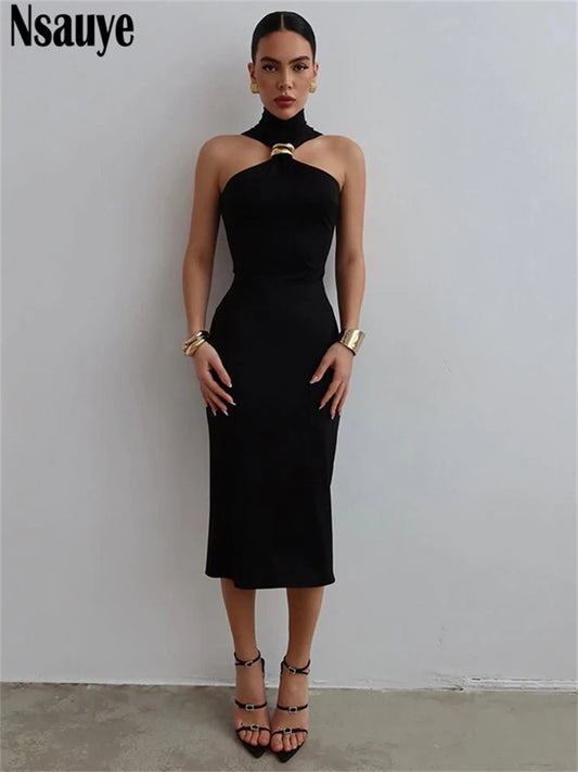 Nsauye Women Sexy Evening Party Fashion Elegant Night Club Black Halter Dress 2025 Summer Off Shoulder Bodycon Midi Dress Outfit