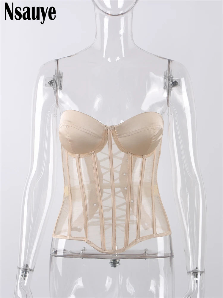 Nsauye Female Crop Top Sexy Off Shoulder See Through Summer 2022 Sleeveless Tube Y2K Corset Tops Women Party Club Tank Top