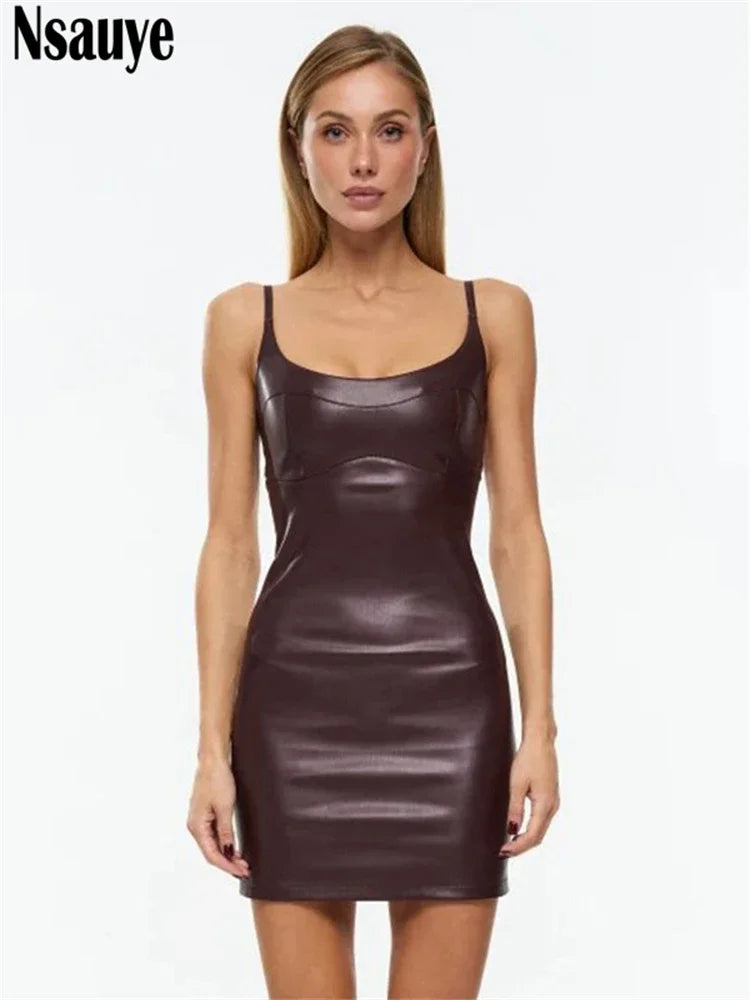 Nsauye Women Sexy Sleeveless Bodycon Mini Short Y2K Casual Club Dress Evening Party Leather Fashion Elegant Dress 2024 Winter