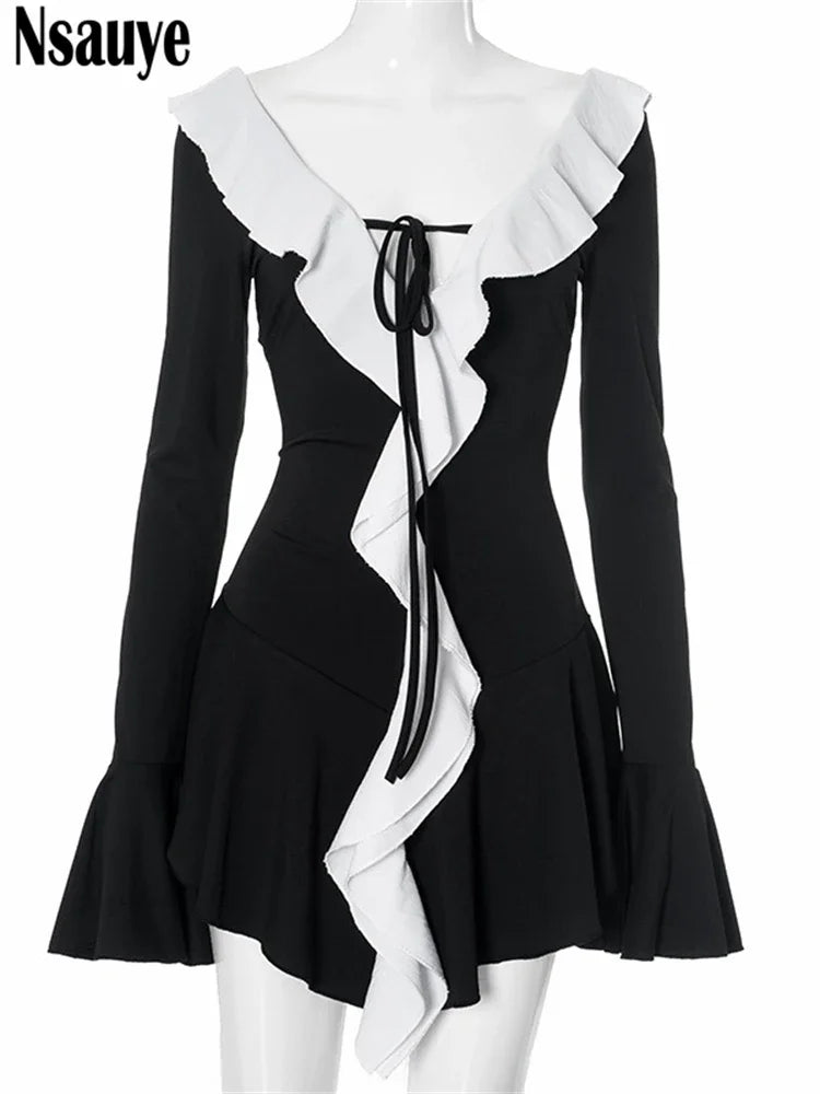 Nsauye Sexy Evening Birthday Party Black Night Club Mini Y2K Women Dress Long Sleeve Elegant Fashion Ruffles Dress 2024 Winter