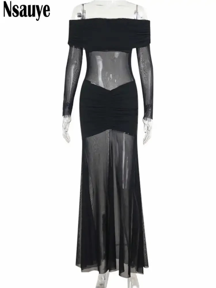 Nsauye 2025 Spring See Through Mesh Off Shoulder Long Sleeve Maxi Dress Women Clothing Night Club Sexy Fashion Party Dresses