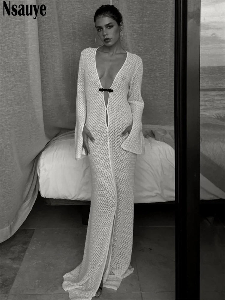 Nsauye Fashion Elegant Sexy Women V Neck Long Sleeve Beach Summer Maxi Dresses Party Holiday Hollow Out Long Dress Women 2022
