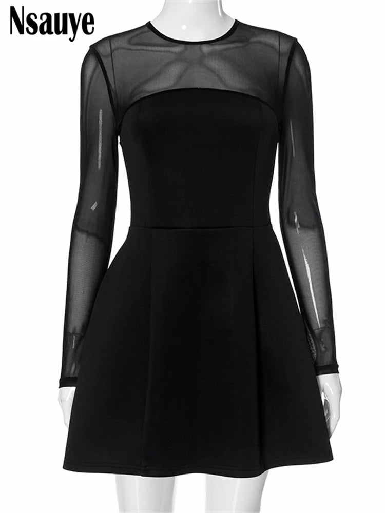 Nsauye Solid Long Sleeve Women Elegant Sexy Slim A-Line Dresses Streetwear Women Fashion Bodycon Mesh Patchwork Club Party Dress