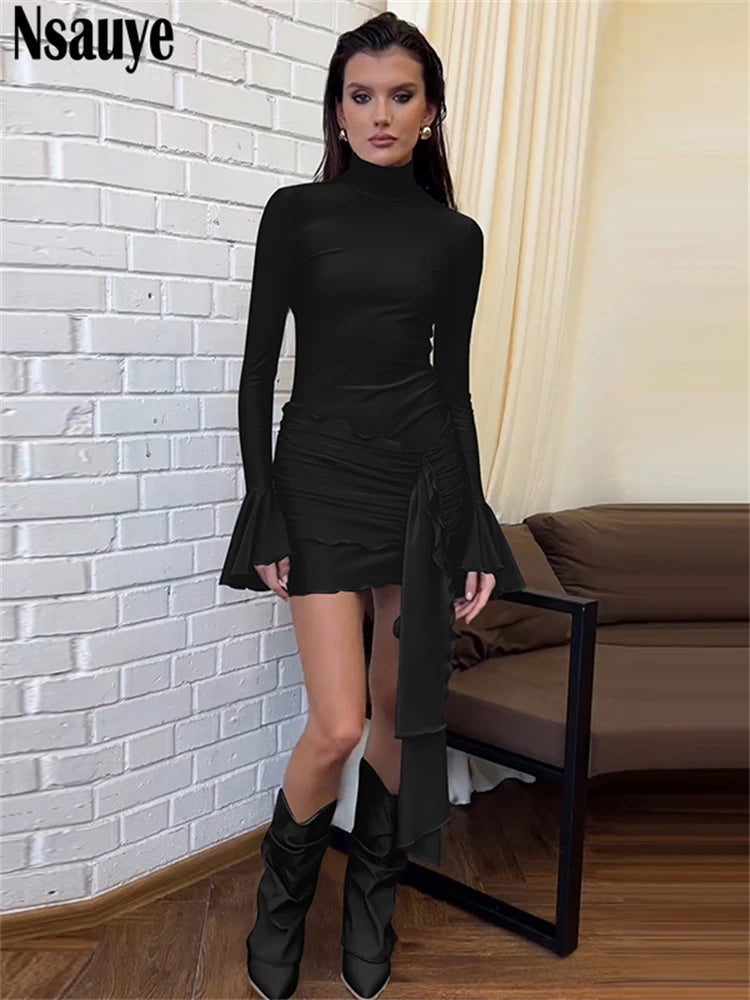 Nsauye 2024 Autumn Dress Chic Women New Fashion Elegant Wrap Mini Sexy Ruched Lace Up Party Night Club Dress Long Sleeve Clothes
