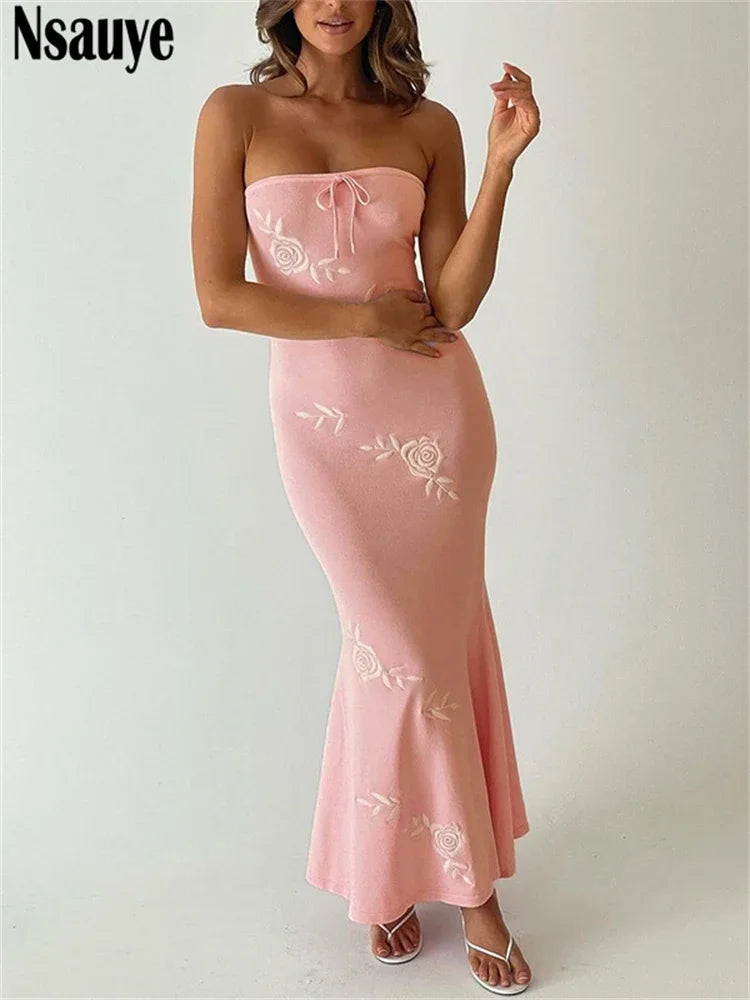 Nsauye Sexy Off Shoulder Fashion Elegant Maxi Bodycon Women Dress 2024 Summer Pink Evening Holiday Party Night Club Dress Maxi