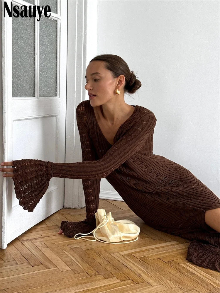 Nsauye Sexy Beach Knitted Casual Holiday Maxi Cardigans Dress Party Club Autumn Summer 2024 Fashion Hollow Out Long Sleeve Dress