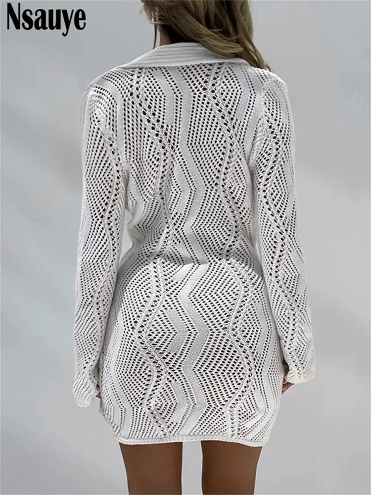 Nsauye Long Sleeve Hollow Out Sexy Club Fashion Women Knitted Cardigan Dress 2022 Casual Beach Wrap Mini Y2K Party Shirt Dress