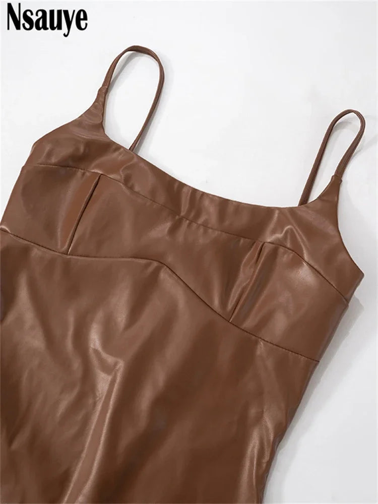 Nsauye Women Sexy Sleeveless Bodycon Mini Short Y2K Casual Club Dress Evening Party Leather Fashion Elegant Dress 2024 Winter