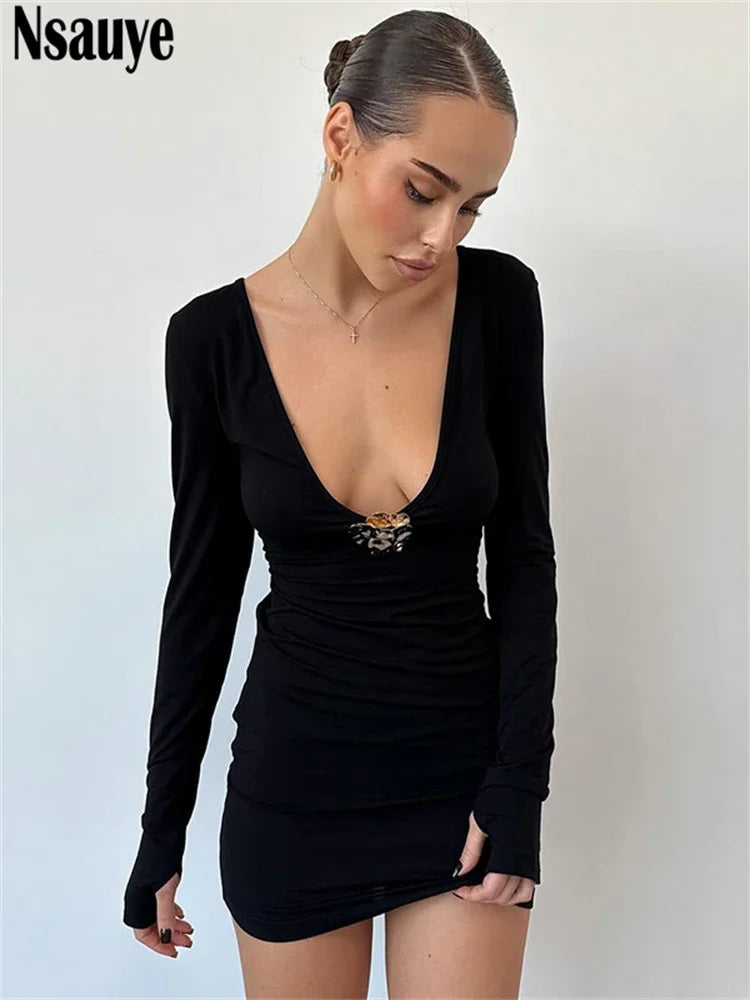 Nsauye Women Casual Holiday Basic Fashion Black Mini Bodycon Long Sleeve Dress Sexy Evening Party Elegant Night Club Dress 2024
