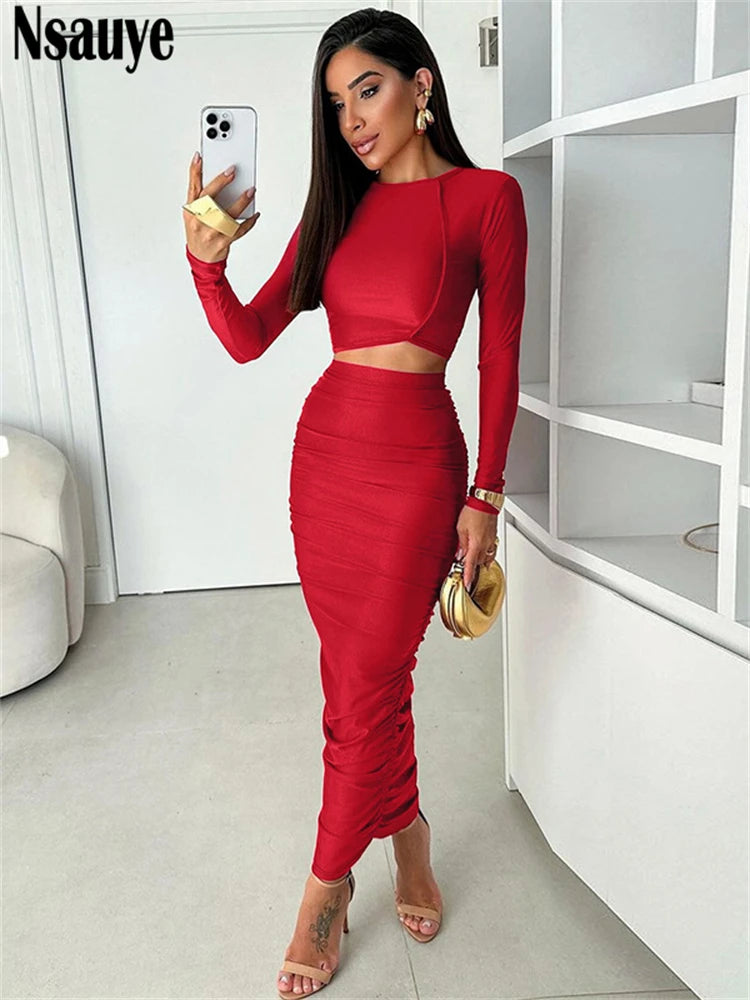 Nsauye Women New Fashion Elegant Sexy Club Long Skirt Two Piece Set Party Autumn Long Sleeve Tops Wrap Ruched Skirt Suit 2024