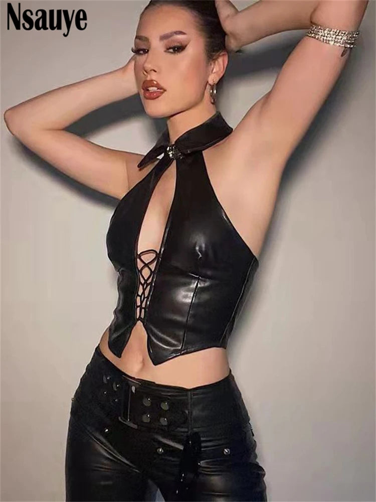 Nsauye Pullover Women 2025 Sexy Night Club PU Leather Fashion Mini Vest Tank Tops Sleeveless Y2K Summer Hollow Out Tank Tops