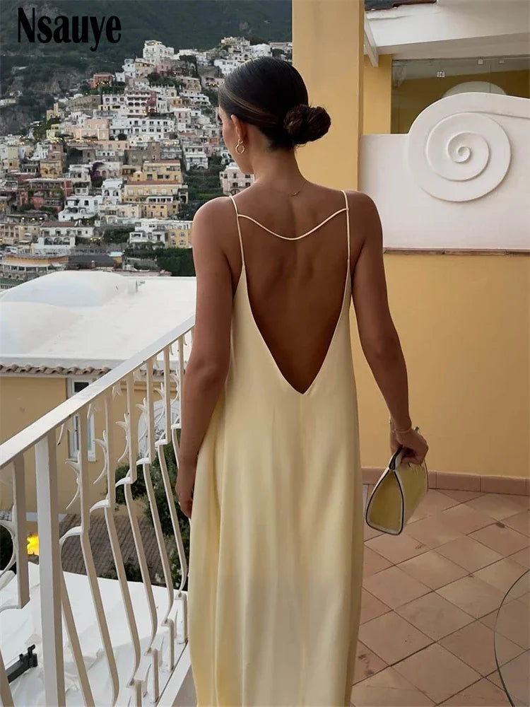 Nsauye Autumn Summer Satin Spaghetti Strap Sexy Backless Long Dresses Women Evening Party Club Elegant Sleeveless Night Sundress