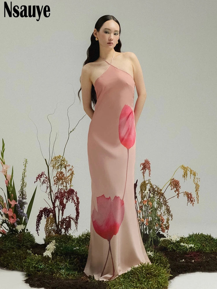 Nsauye 2025 Summer Halter Backless Women Clothes Elegant A-Line Skinny Floral Casual Holiday Party Sexy Club Evening Dresses