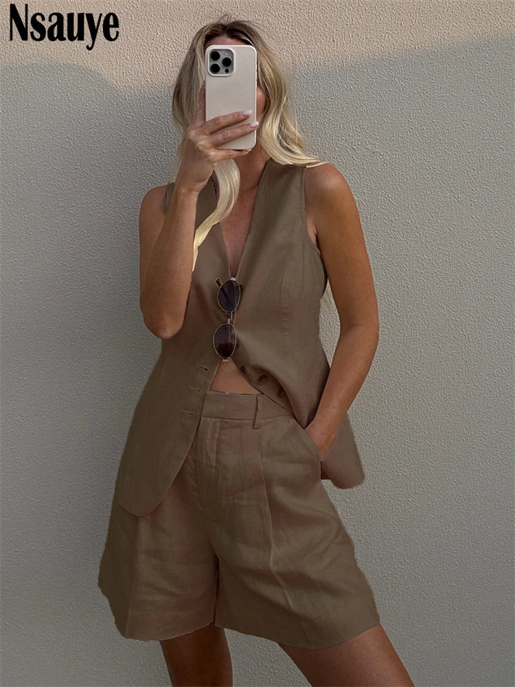 Nsauye Casual Women Fashion Summer Tracksuit Shorts Set 2025 Sleveeless Vest Tops Y2K Mini High Waisted Shorts Two Piece Set