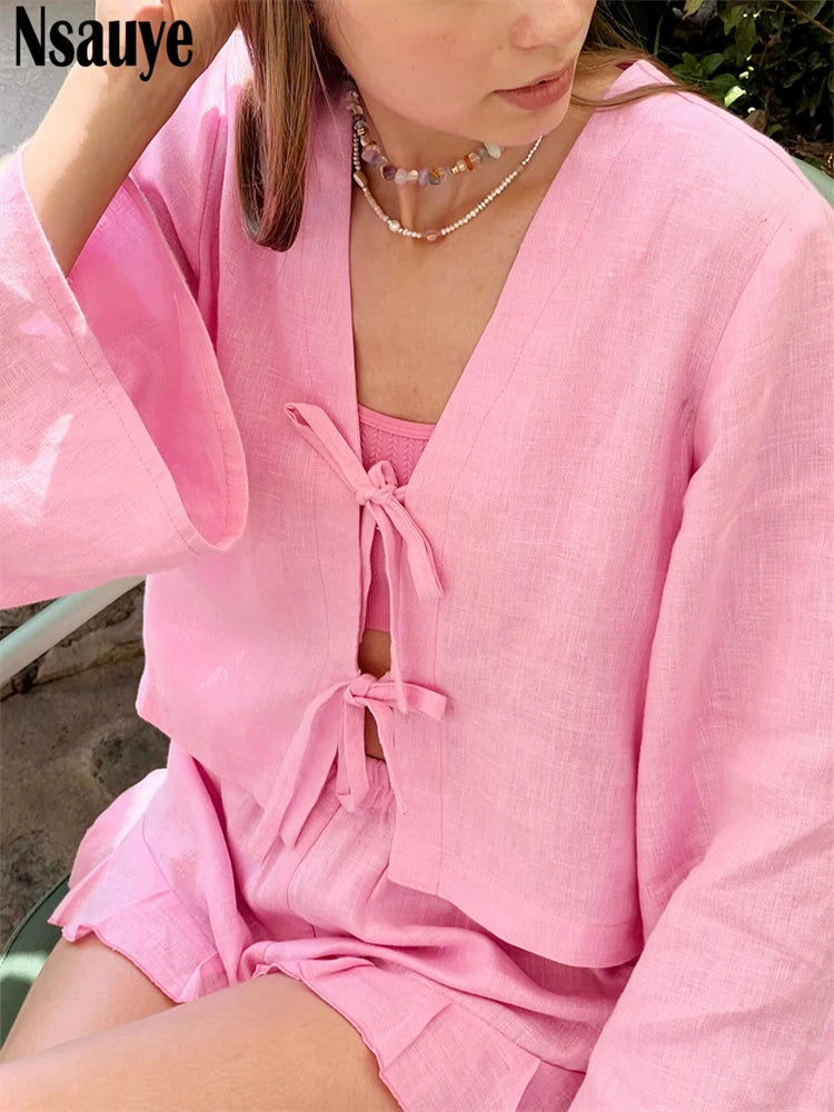 Nsauye Summer 2025 Casual Shorts Women Tracksuit Shorts Two Piece Set Outfits Sexy Strap Cardigans Tops Mini Beach Sexy Shorts