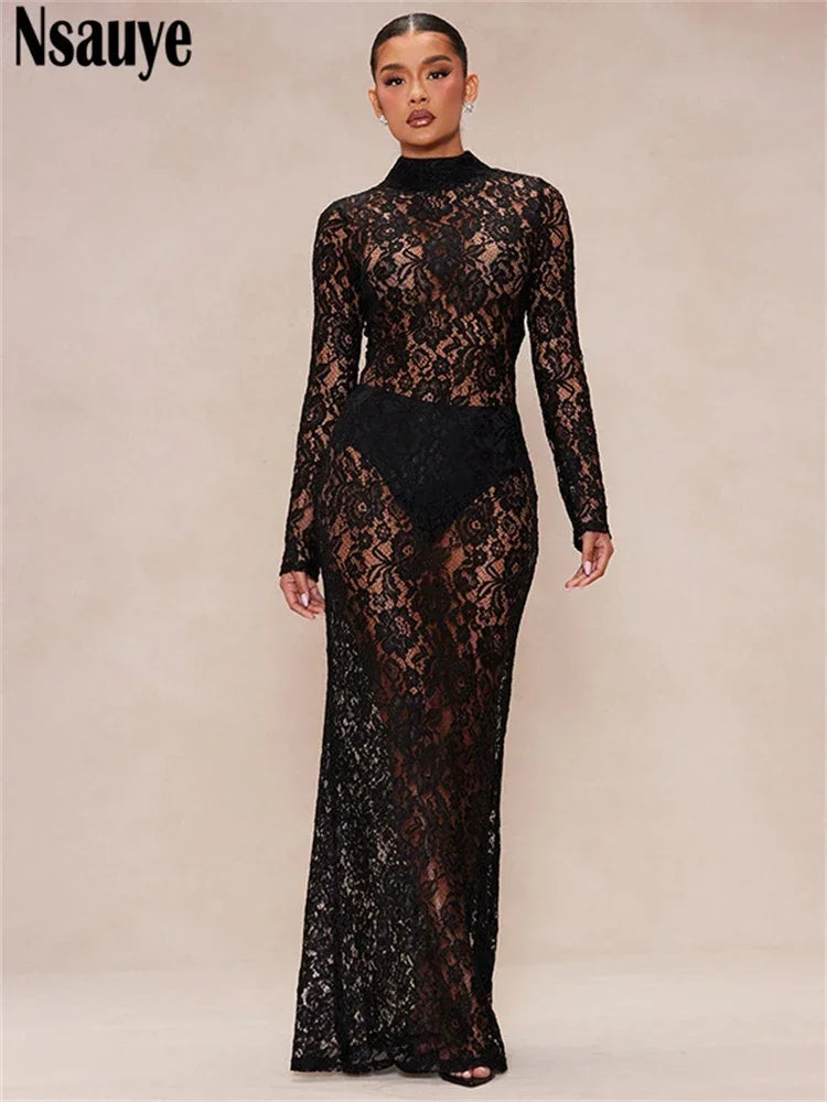 Nsauye Female Chic Fashion Women Elegant Sexy Hollow Out See Through Maxi Dress Long Sleeve Evening Party Club Dress 2024 Outfit