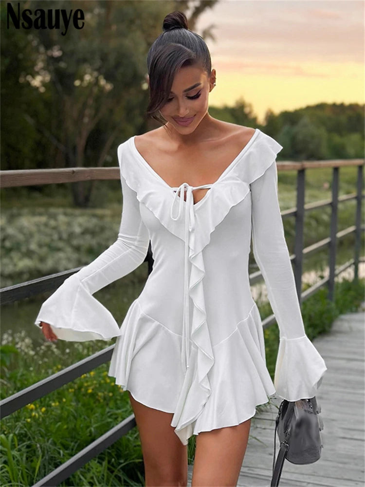 Nsauye 2024 Long Sleeve Ruffles Women Casual Holiday Mini Wrap Dress Sexy Evening Fashion Elegant Party Night Club Dress Autumn