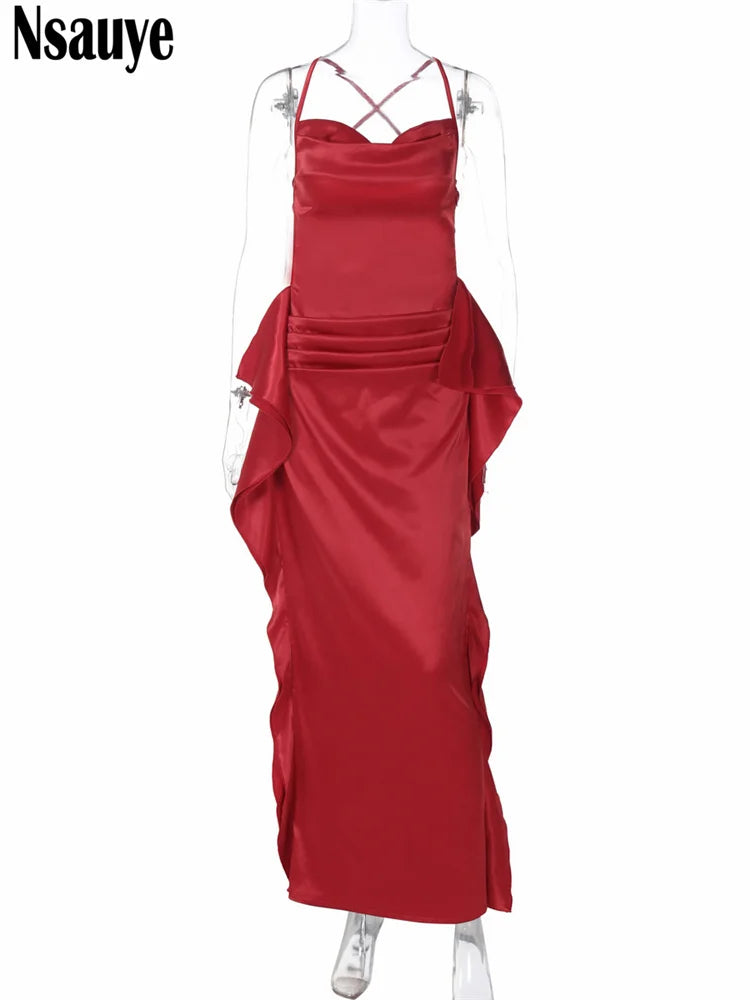Nsauye Sexy Women Dress Long Evening Party Fashion Night Club Satin Elegant Off Shoulder Maxi Ruffles Summer Dress Outfits 2025