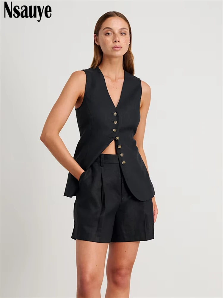 Nsauye Casual Women Fashion Summer Tracksuit Shorts Set 2025 Sleveeless Vest Tops Y2K Mini High Waisted Shorts Two Piece Set