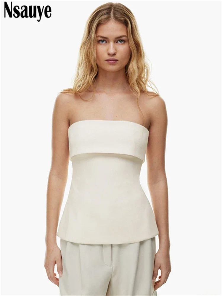 Nsauye Sexy Female Slim Fashion Mini White Casual Club Vest Crop Tops Women Summer Party Y2K Elegant Strapless Tank Tops T Shirt