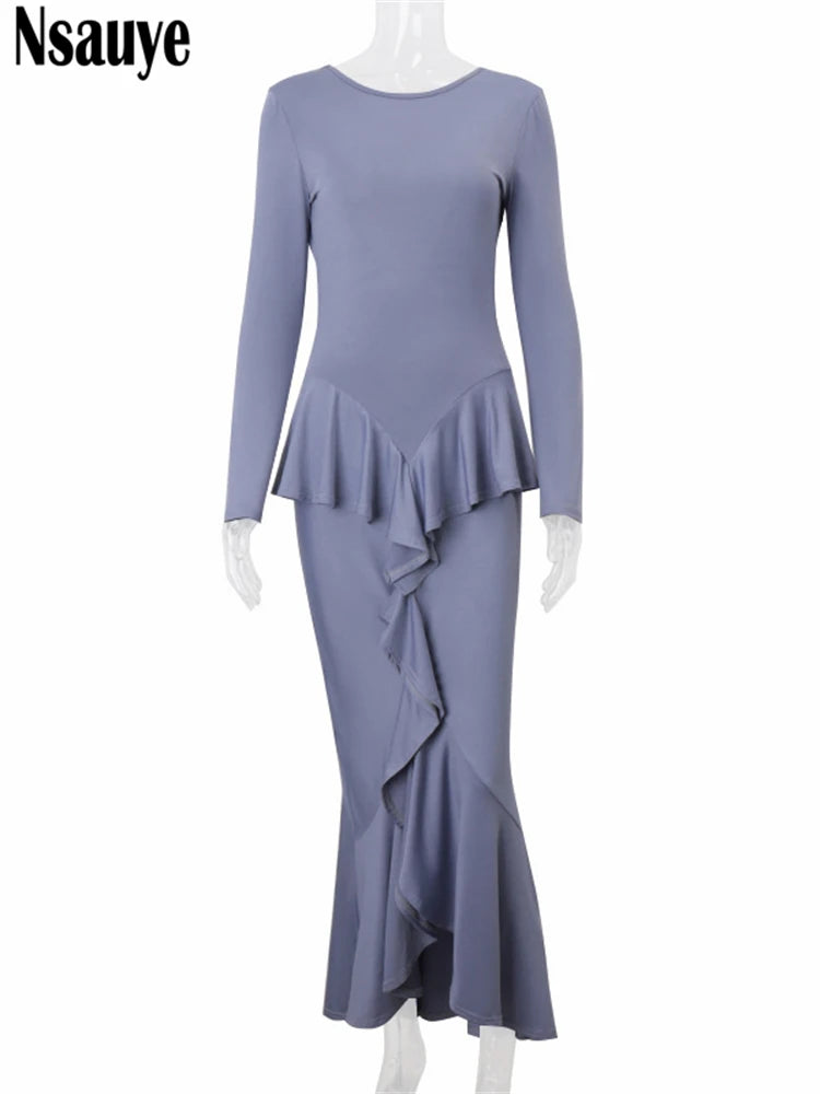Nsauye 2025 Summer Sexy Backless Ruffles Long Sleeve Maxi Dress Women Clothes Outfits Vestidos Party Night Club Elegant Dress