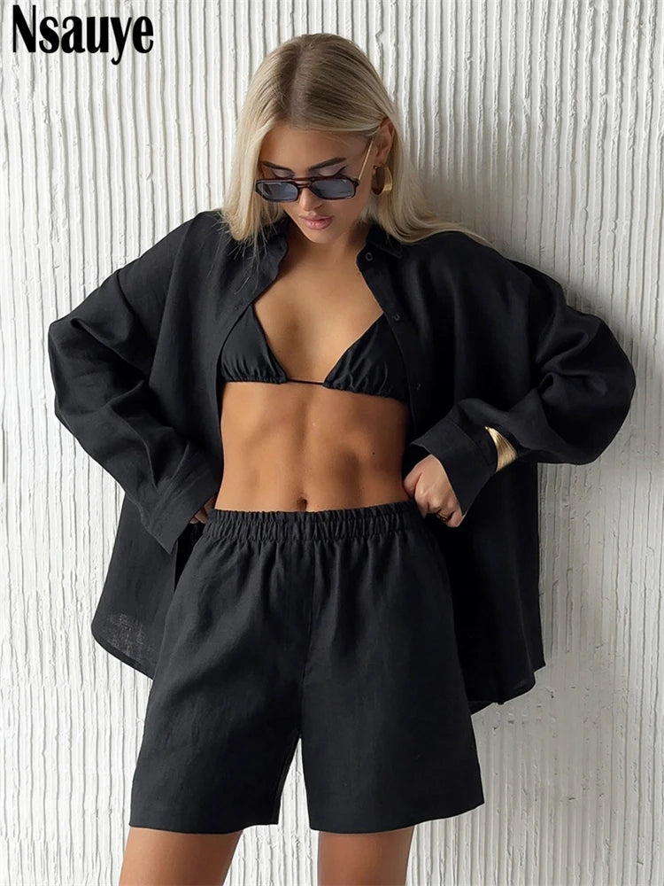 Nsauye New In Matching Sets Fashion Long Sleeve Tracksuit Casual Shirt Tops Mini Shorts 2 Piece Sets Women Summer Outfit 2025