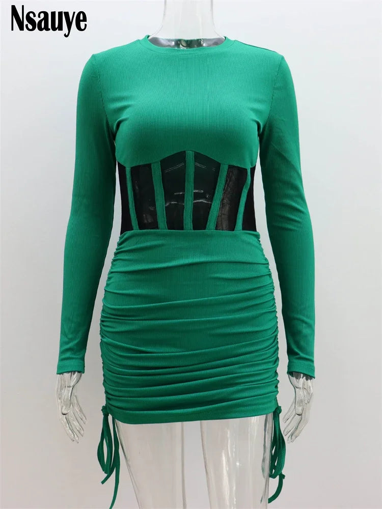 Nsauye See Through Mesh Women Chic Fashion Summer Long Sleeve Ribber Knitted Y2K Mini Dress Sexy Party Club Casual Dress 2023