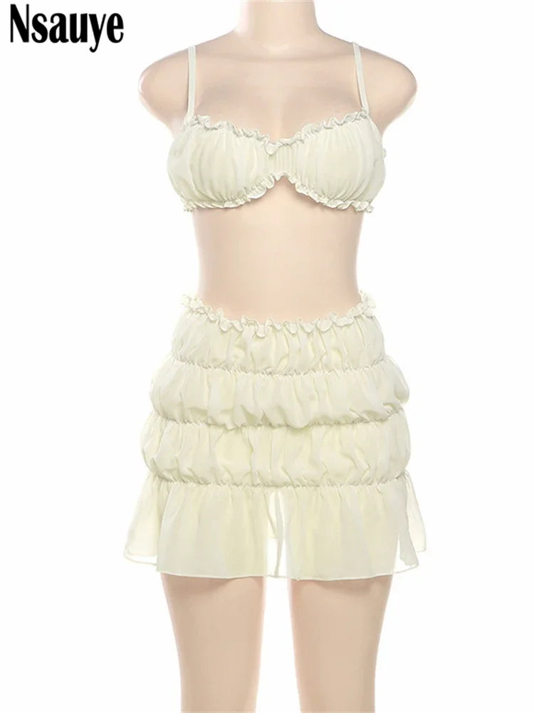 Nsauye 2024 Women Skirt Set Summer Holiday Beach Halter Bra Crop Tops And Mini Club Sexy Ruched Slim Skirt Dress Two Piece Set