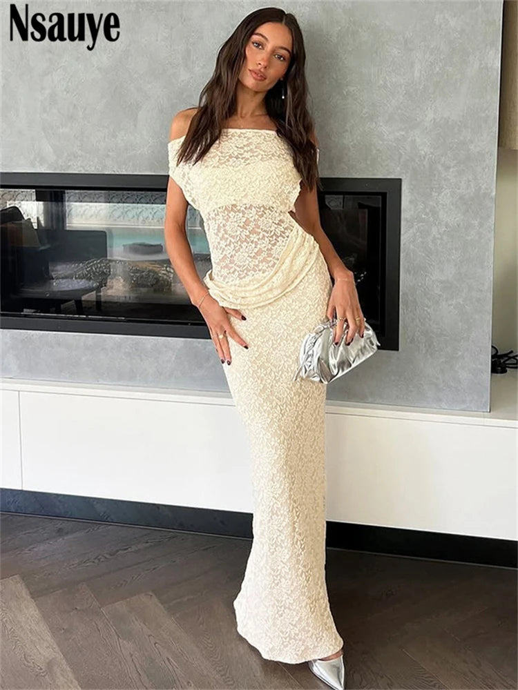 Nsauye Lace Hollow Out Women Fashion Sexy Night Club Evening Dress Sleeveless Long Summer Party Bodycon Maxi 2025 Elegant Dress