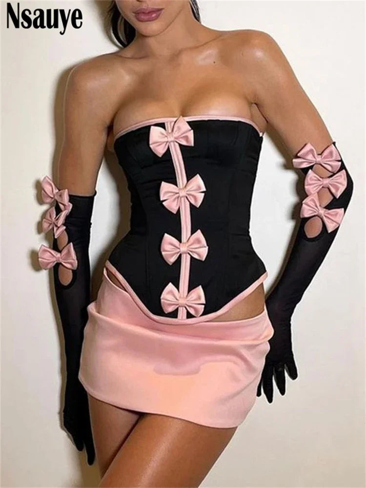 Nsauye Kawaii Lace Up Women Pink Sexy Club Dress Skirt Set Summer Cute Y2K Corset Crop Tops Mini Wrap Satin Skirt Two Piece Set