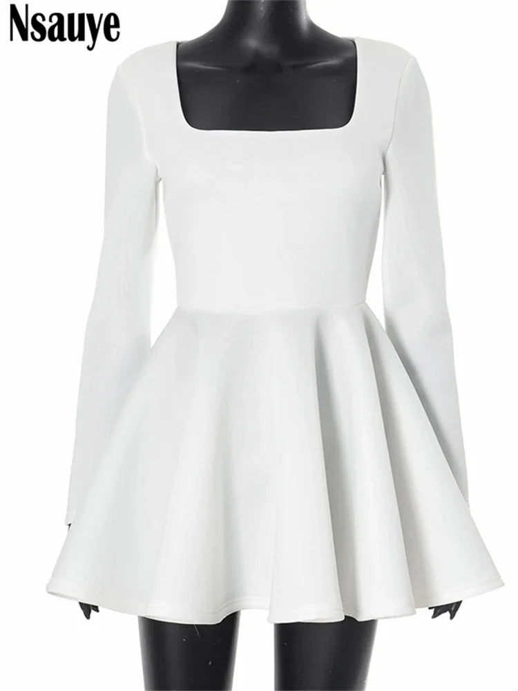 Nsauye Fashion Mini Bodycon A-Line Long Sleeve Dress Women Elegant Party Night Sexy High Waisted Evening Club Dress 2024 Winter