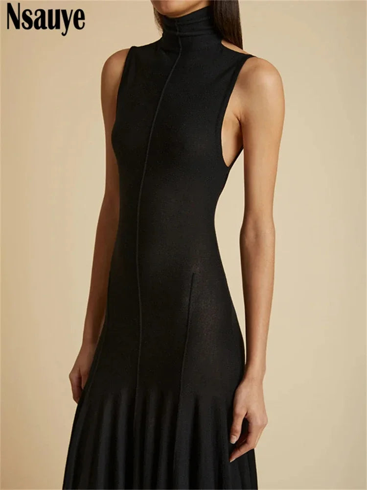 Nsauye Pullover Turtleneck Women Sexy Outfits Backless Long Fashion Club Dress Evening Party Night Elegant Pleated Holiday Dress
