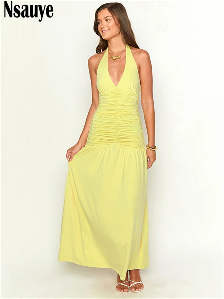 Nsauye 2025 Summer New Halter Sleeveless Pleated Elegant Dresses Women Club Party Beach Evening Sleeveless Bodycon Sundress
