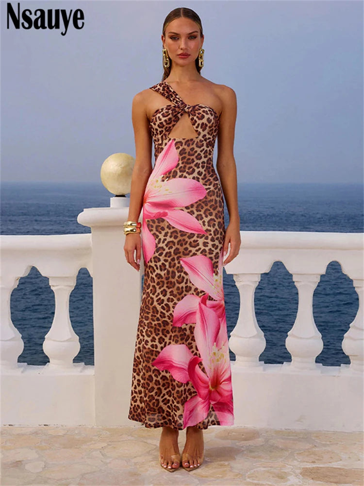 Nsauye Evening Elegant Dress Women Long Hollow Out Sexy Party Night Club Leopard Sleeveless Maxi Wrap Summer Club Dress 2025