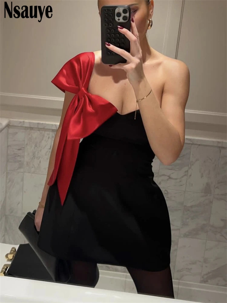 Nsauye Women Sexy Evening Party Night Club Short Satin Elegant Dress Clothes 2025 Summer Spring Bow Off Shoulder Dress Pullover
