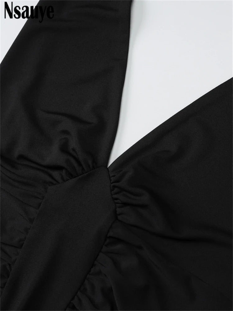 Nsauye Pullover Women Chic Sexy Halter Party Dress Elegant Long Low Cut Out Evening Party Holiday Fashion Ruched Dress Outfits