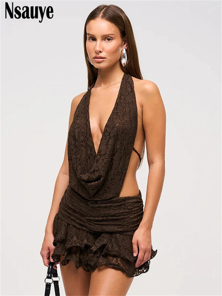Nsauye 2025 Summer New Sexy Backless Bodycon Mini Dress Night Club Party Sleeveless Halter Fashion Lace Ruffles Women Vestidos