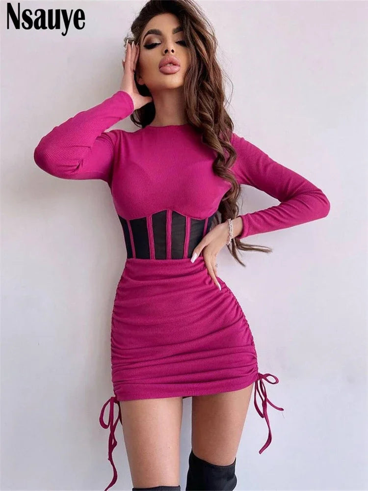 Nsauye See Through Mesh Women Chic Fashion Summer Long Sleeve Ribber Knitted Y2K Mini Dress Sexy Party Club Casual Dress 2023