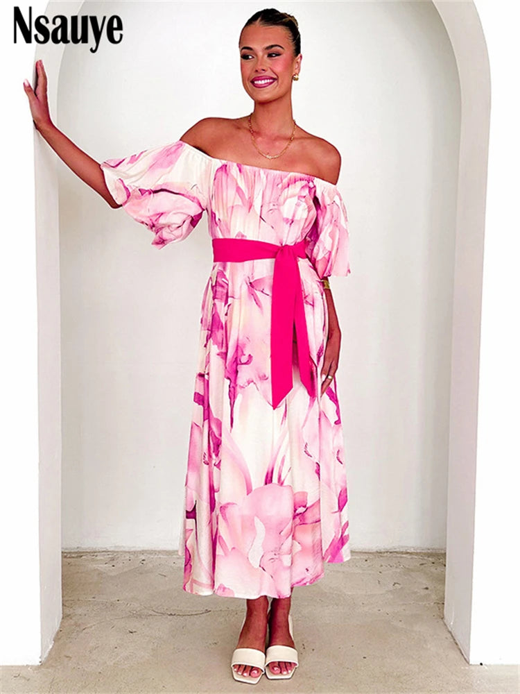 Nsauye 2025 Spring Summer Women Y2K Print Floral Off Shoulder Short Puff Sleeve Long Dresses Club Party Holiday A-Line Dress