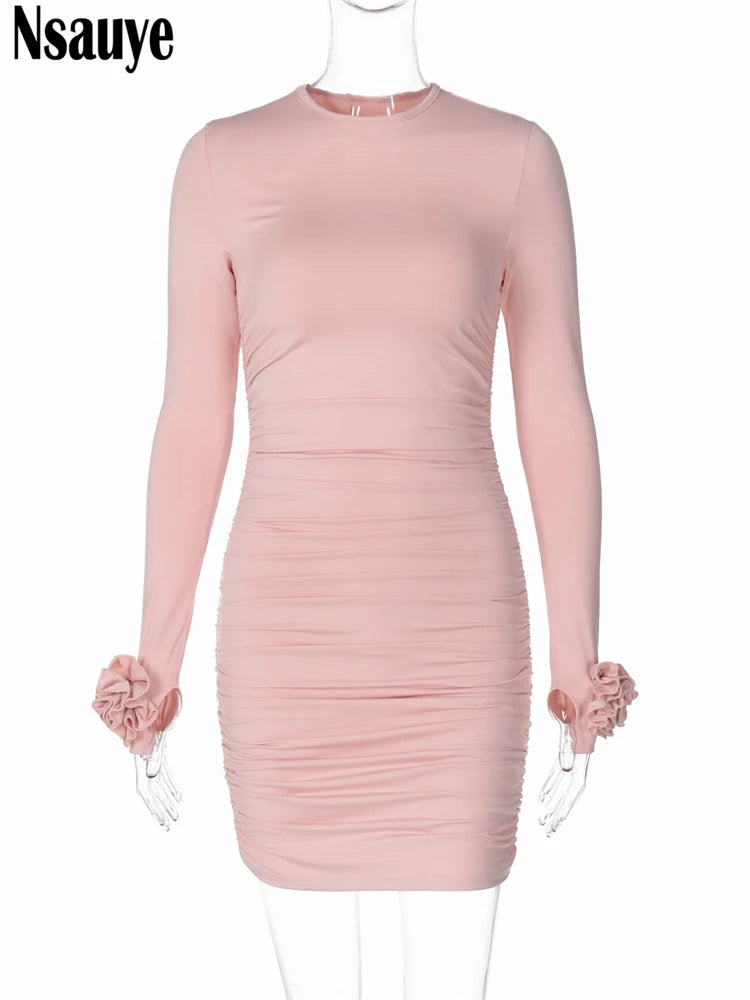 Nsauye Long Sleeve Fashion Women Party Evening Club Short Dress Wrap 2024 Autumn Elegant Ruched Flowers White Dress Sexy Outfit