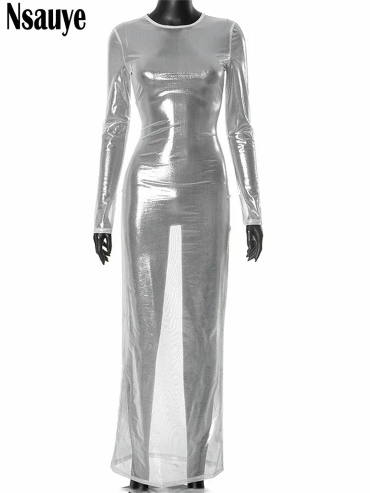 Nsauye Women Elegant Club Sexy Party Night Club Long Sleeve Dress Fashion Evening Holiday Autumn Chic Maxi Beach Mesh Dress 2024