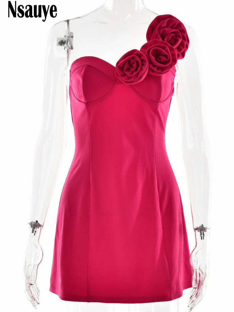 Nsauye Sexy Backless Mini Dresses Women Summer 2025 Sleeveless Strap Flower Solid Bodycon Dress Party Club Evening New Vestidos