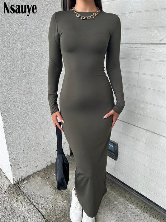 Nsauye Women Knitted Bodycon Solid Maxi Dresses For Women 2023 Winter Long Sleeve Autumn Winter Casual Long Dress Vestidos