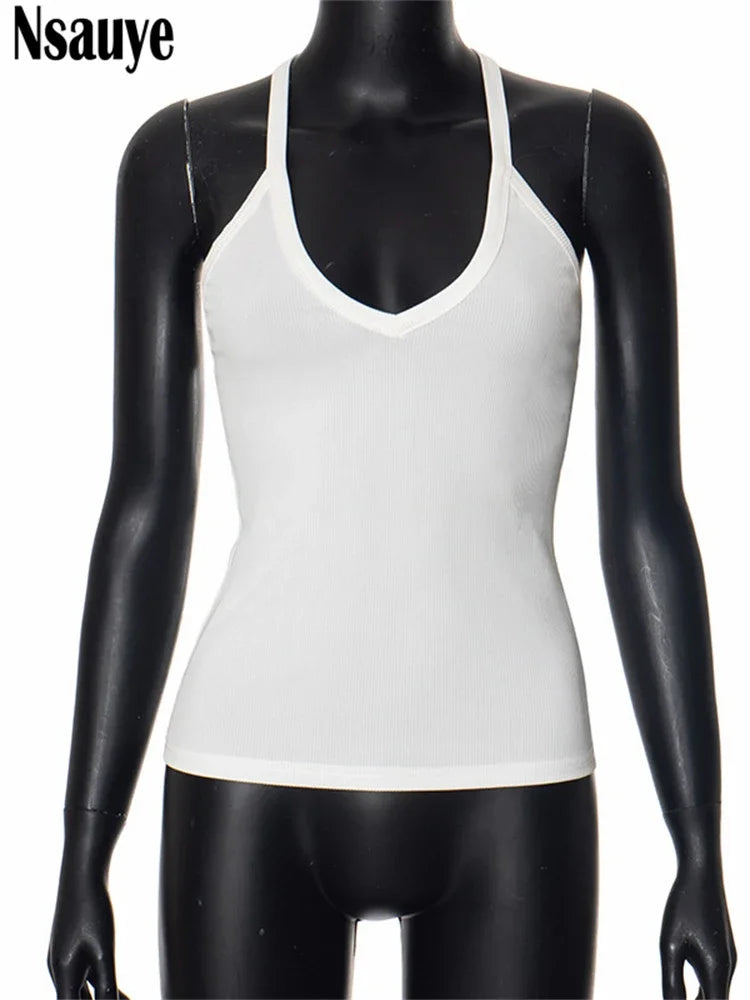 Nsauye Sleeveless Basic Women Sexy Club Y2K Ribber Knit Slim Halter Crop Tops Fashion T Shirt Summer Casual 2024 Mini Tank Tops
