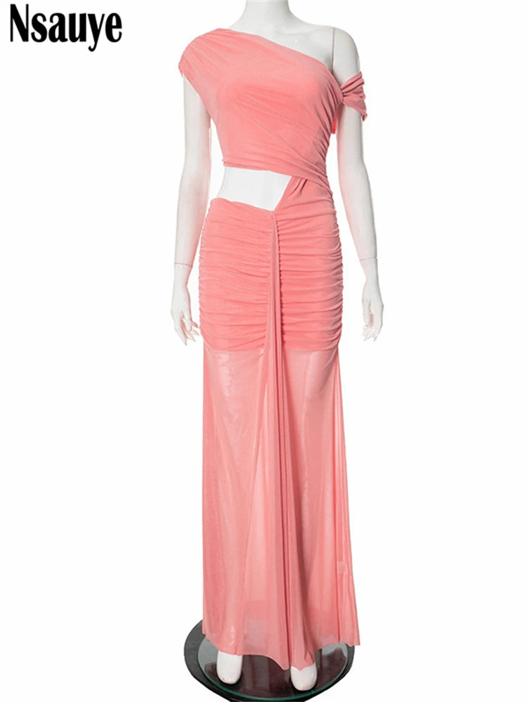 Nsauye 2025 Summer Fashion Irregular Chic Elegant Dress Women Hollow Out Sexy Evening Party Night Club Maxi Long Ruched Dress