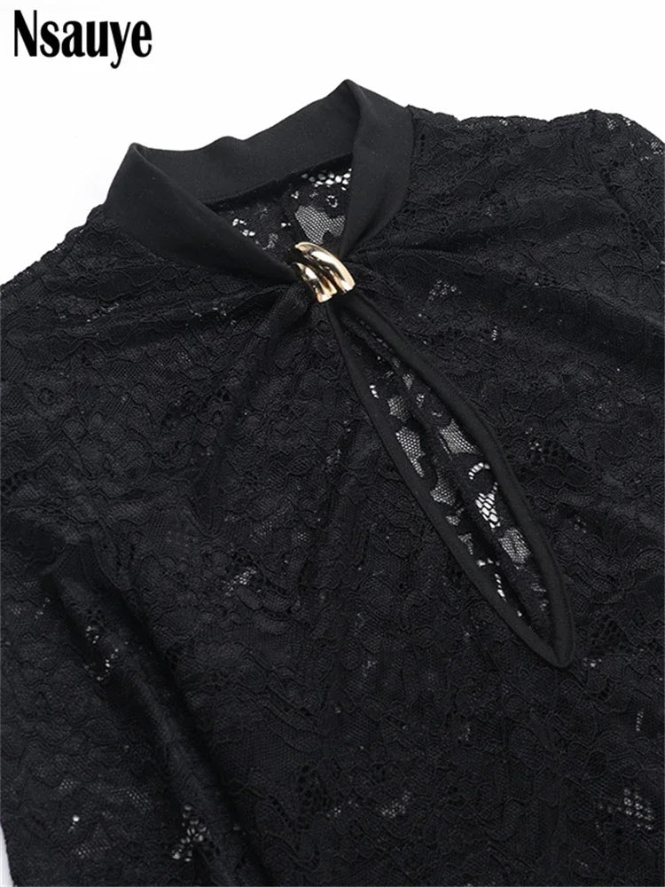 Nsauye Winter Women Lace Hollow Out Elegant High Split Maxi Dress Long Sleeve Evening Party Lady 2024 Birthday Dresses Vestidos