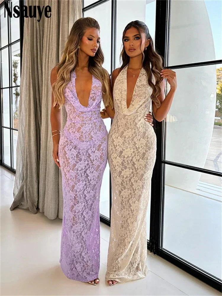 Nsauye 2024 Sexy Backless Halter Casual Beach Holiday Long Fashion Dress Elegant Night Club Hollow Out Party Maxi Wrap Dress
