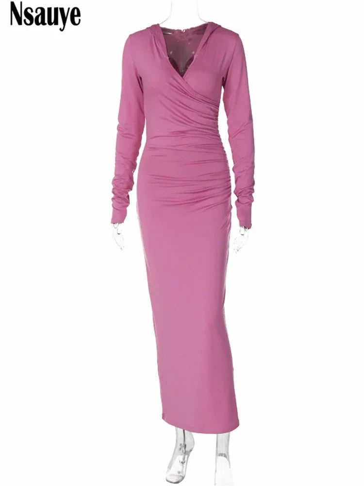 Nsauye Ladies Elegant Long Sleeve Hooded Long Dresses 2023 Winter Casual Women Slim Holiday Party Sexy Bodycon Dress Vestidos