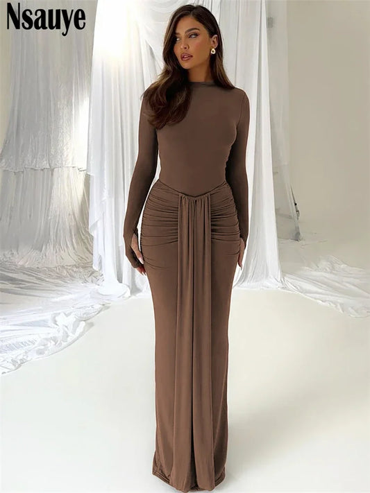 Nsauye Casual Winter Dress Women Sexy Bandage Chic Fashion Ruched High Waisted Long Sleeve Wrap Night Club Elegant Party Dress