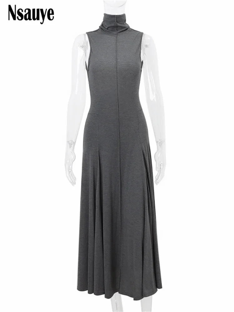 Nsauye Pullover Turtleneck Women Sexy Outfits Backless Long Fashion Club Dress Evening Party Night Elegant Pleated Holiday Dress